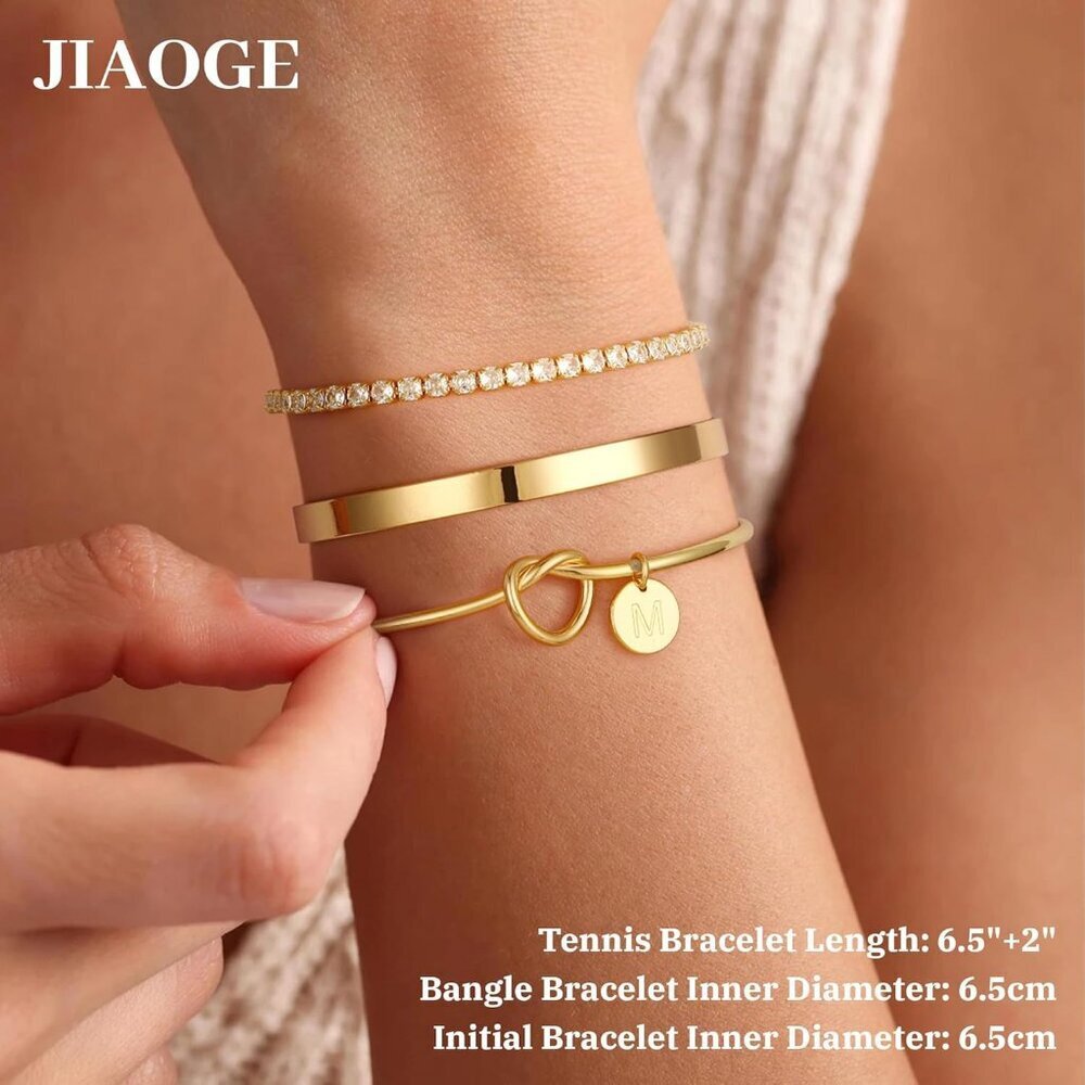 Gold Bracelets Set 3pc Stackable Cuff Tennis Init… - image 4